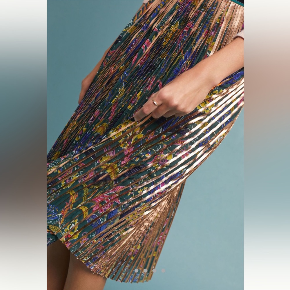Maeve Printed Pleated Metallic Floral Midi Skirt
